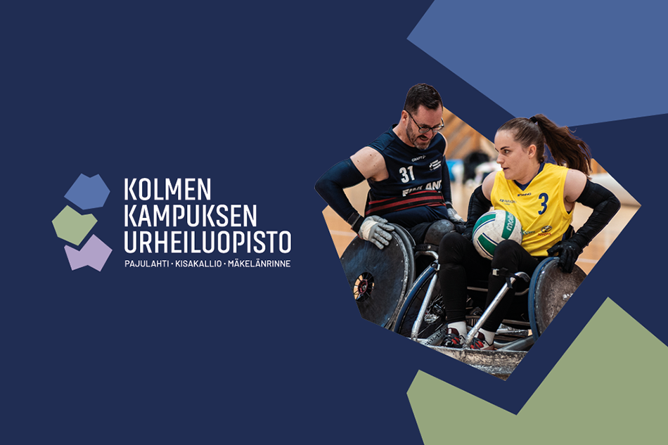 Kolmen kampuksen urheiluopiston logo ja kaksi pyörätuoliurheilijaa
