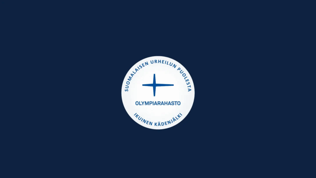 Olympiarahaston logo. Tekstit "Suomalaisen urheilun puolesta" ja "ikuinen kädenjälki"